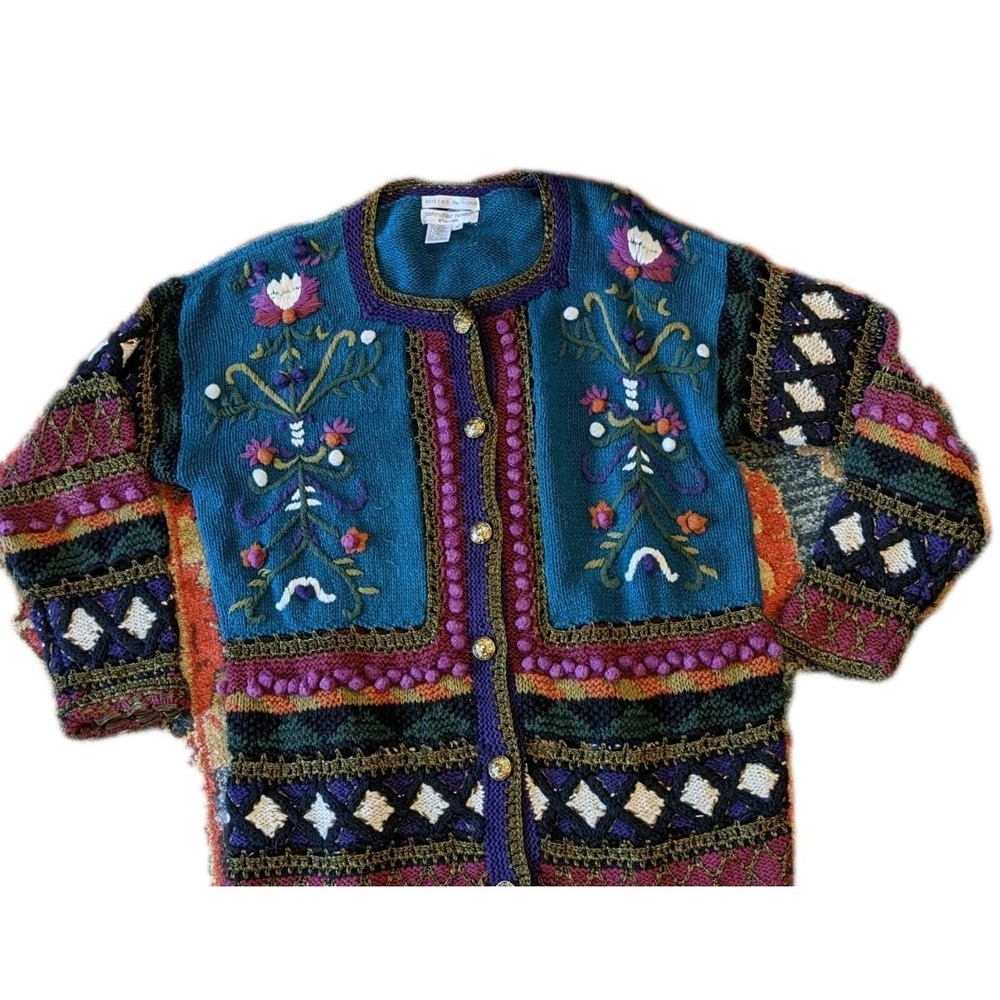 Hand Knit Jen Reed Chunky VTG Ramie-Cottn Sweater Cardigan W/3D Flowers & Trim M